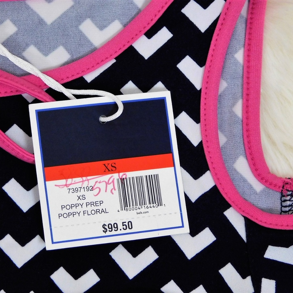 KAARI BLUE Cold Shoulder Shift Dress XS Navy Pink Stretch Knit Preppy Tropical - Picture 7 of 8